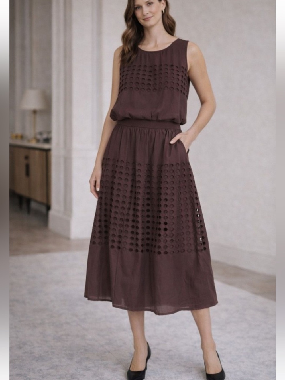 Eyelet Brown Midi Skirt and sleeveless blouse matching set